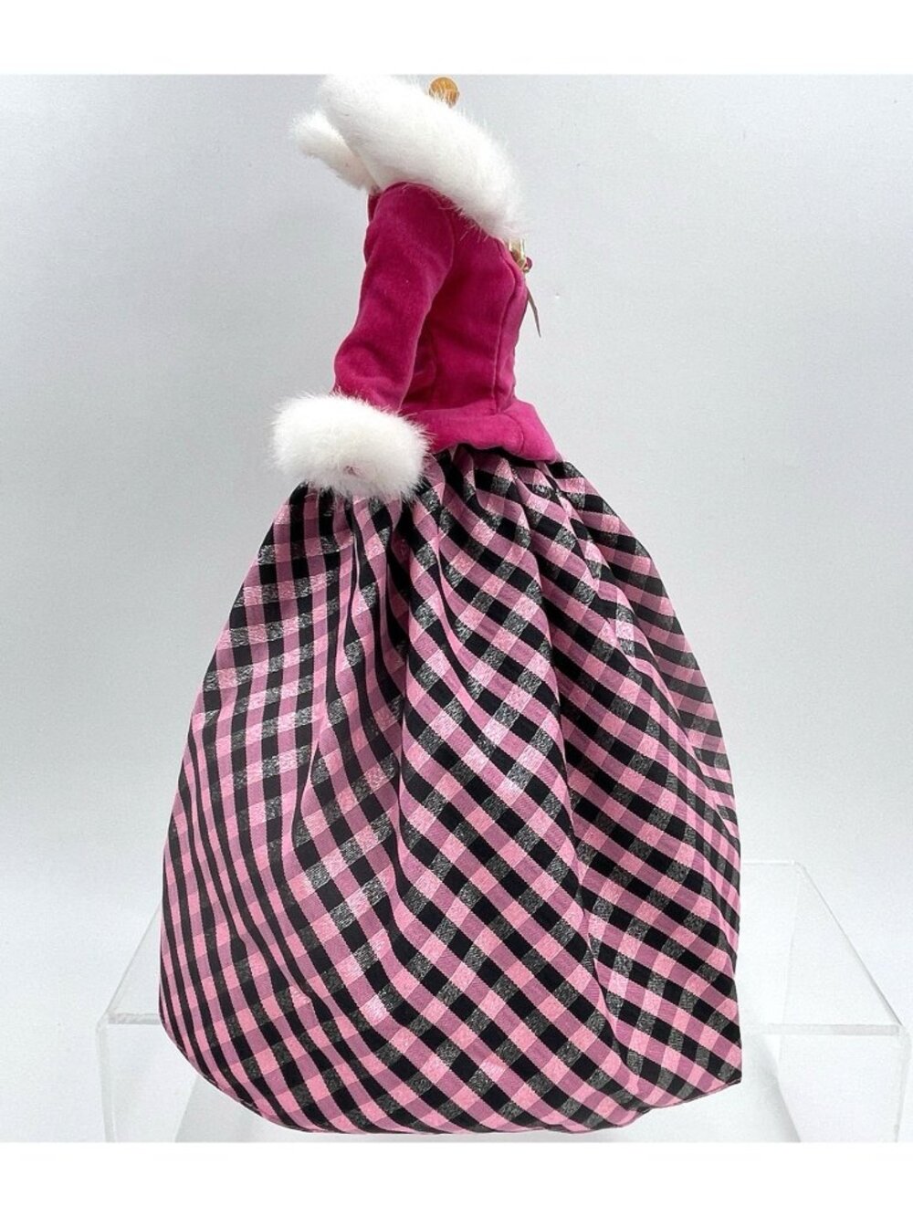 Barbie Doll Formal 2 Piece Dress Pink Velvet Fur Trim Plaid Skirt Winter Gown - Picture 6 of 7